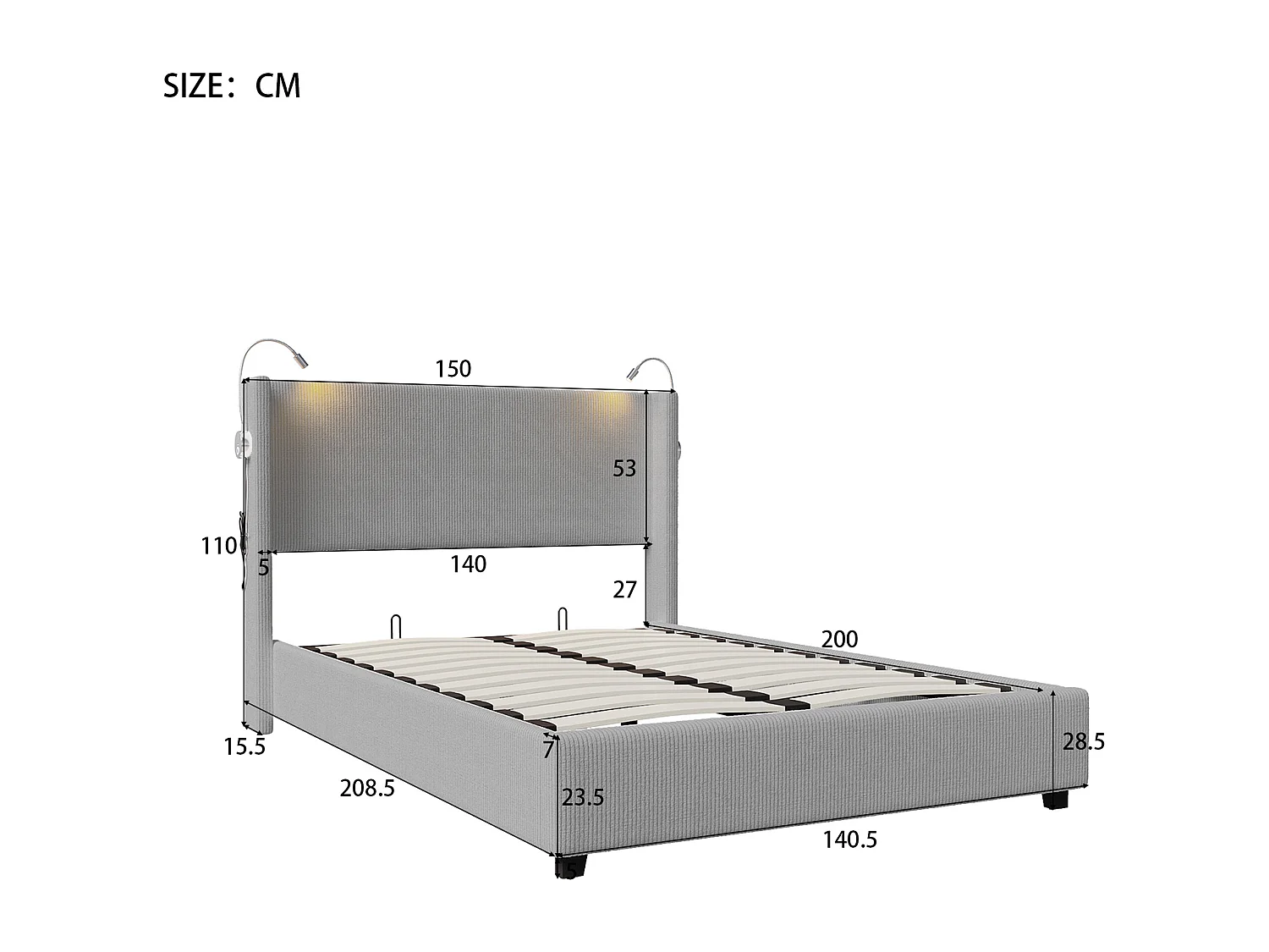 Lit coffre 140x200 avec sommier à lattes, lit 140x200 avec lampes de lecture, cadre de lit adulte 140x200, tissu en velours côtelé, gris