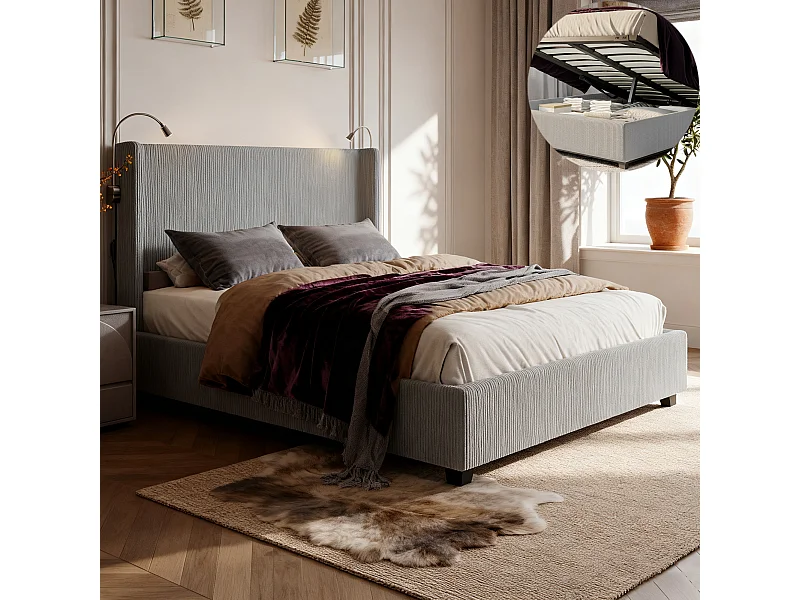 Lit coffre 140x200 avec sommier à lattes, lit 140x200 avec lampes de lecture, cadre de lit adulte 140x200, tissu en velours côtelé, gris