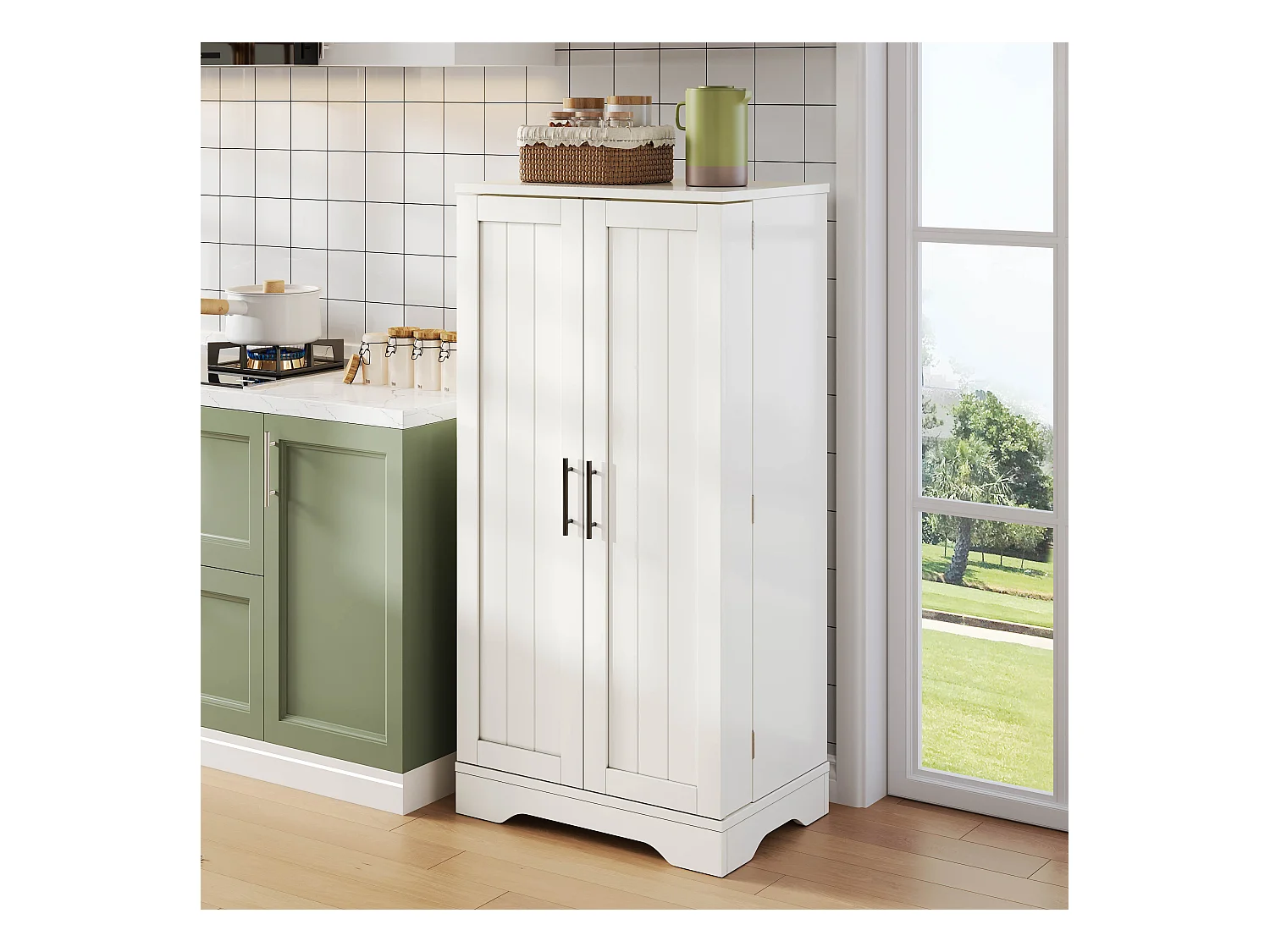 Buffet de cuisine 60x40x120cm - avec capteur de lumière LED - avec 2 portes - avec étagères - Blanc