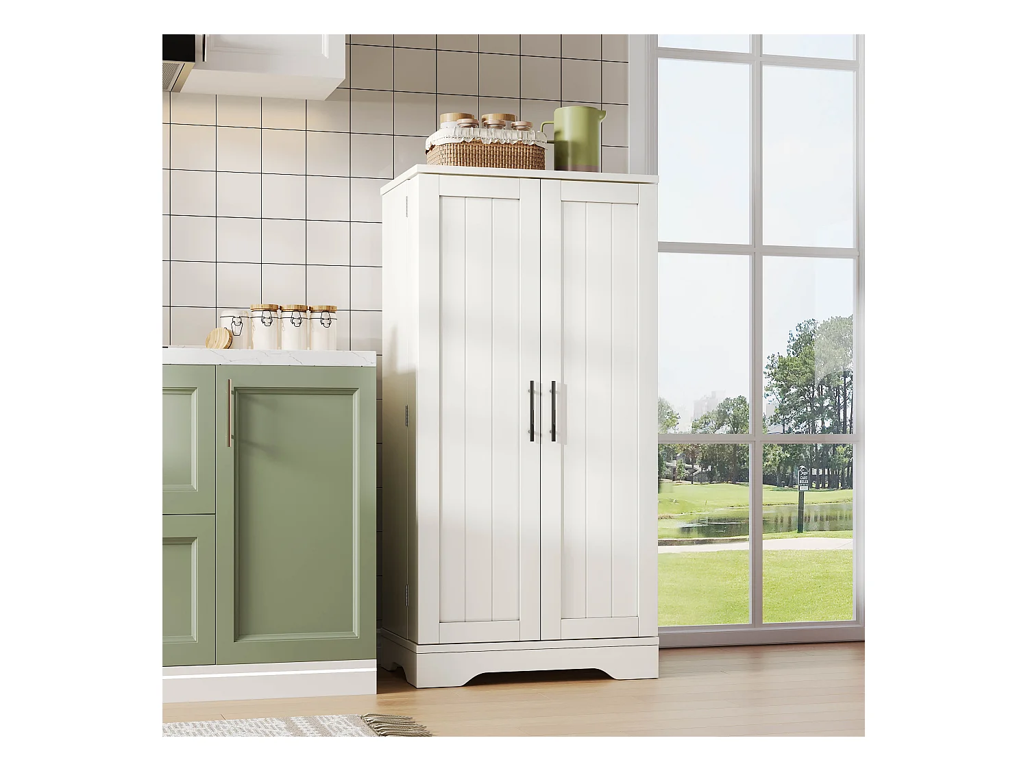 Buffet de cuisine 60x40x120cm - avec capteur de lumière LED - avec 2 portes - avec étagères - Blanc