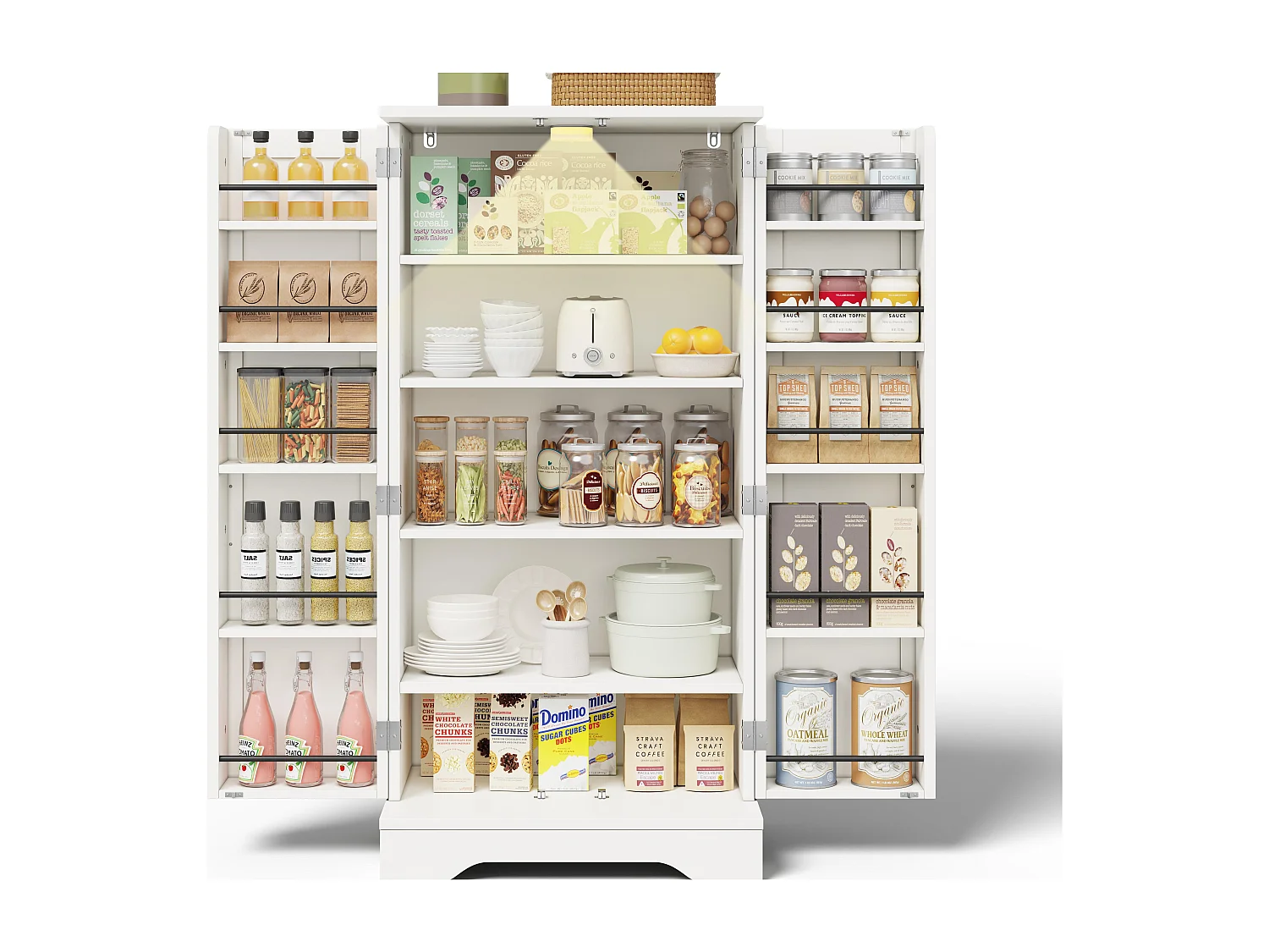 Buffet de cuisine 60x40x120cm - avec capteur de lumière LED - avec 2 portes - avec étagères - Blanc