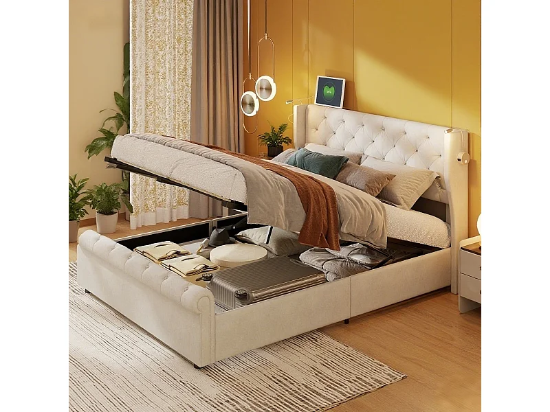 Lit 160x200 cm avec LED et USB - lit adulte 160x200 cm avec coffre - cadre de lit double 160x200 cm avec sommier à lattes - tissu en velours - beige