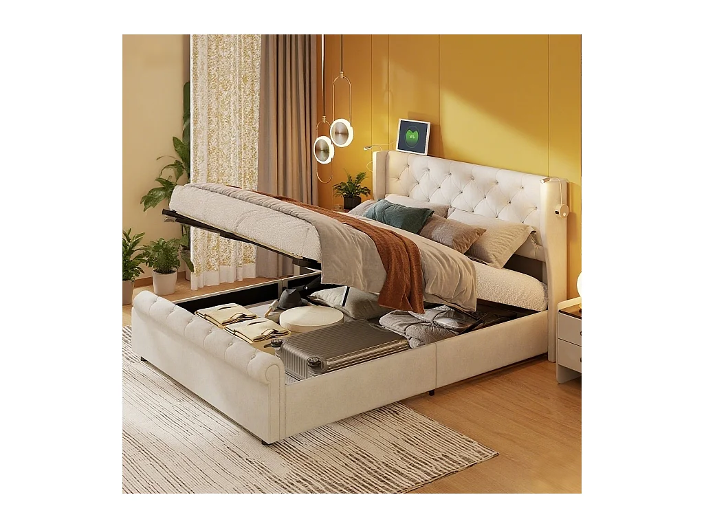 Lit 160x200 cm avec LED et USB - lit adulte 160x200 cm avec coffre - cadre de lit double 160x200 cm avec sommier à lattes - tissu en velours - beige
