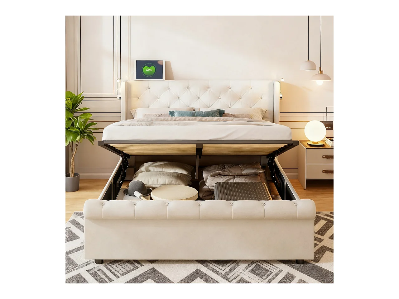 Lit 160x200 cm avec LED et USB - lit adulte 160x200 cm avec coffre - cadre de lit double 160x200 cm avec sommier à lattes - tissu en velours - beige