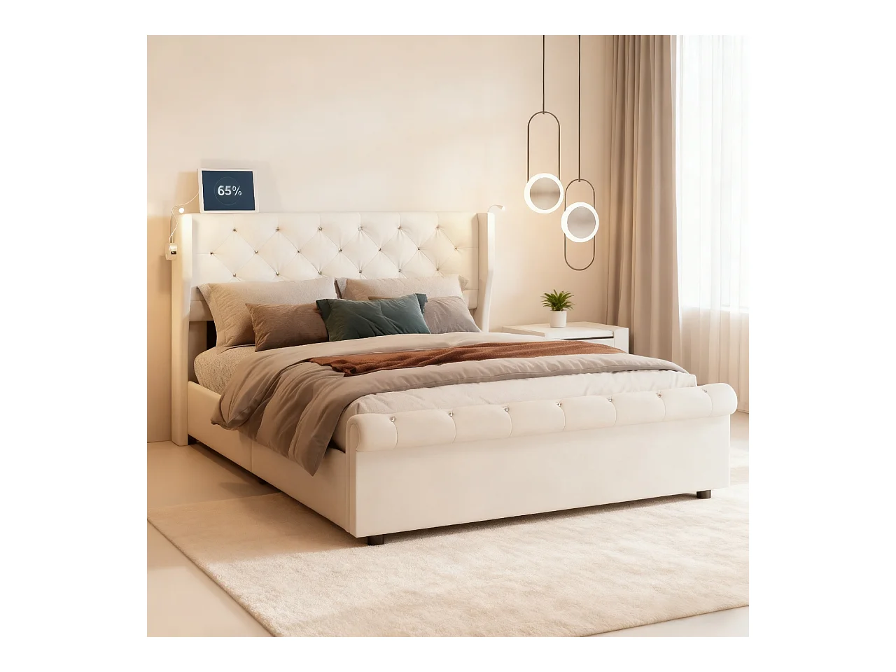 Lit 160x200 cm avec LED et USB - lit adulte 160x200 cm avec coffre - cadre de lit double 160x200 cm avec sommier à lattes - tissu en velours - beige