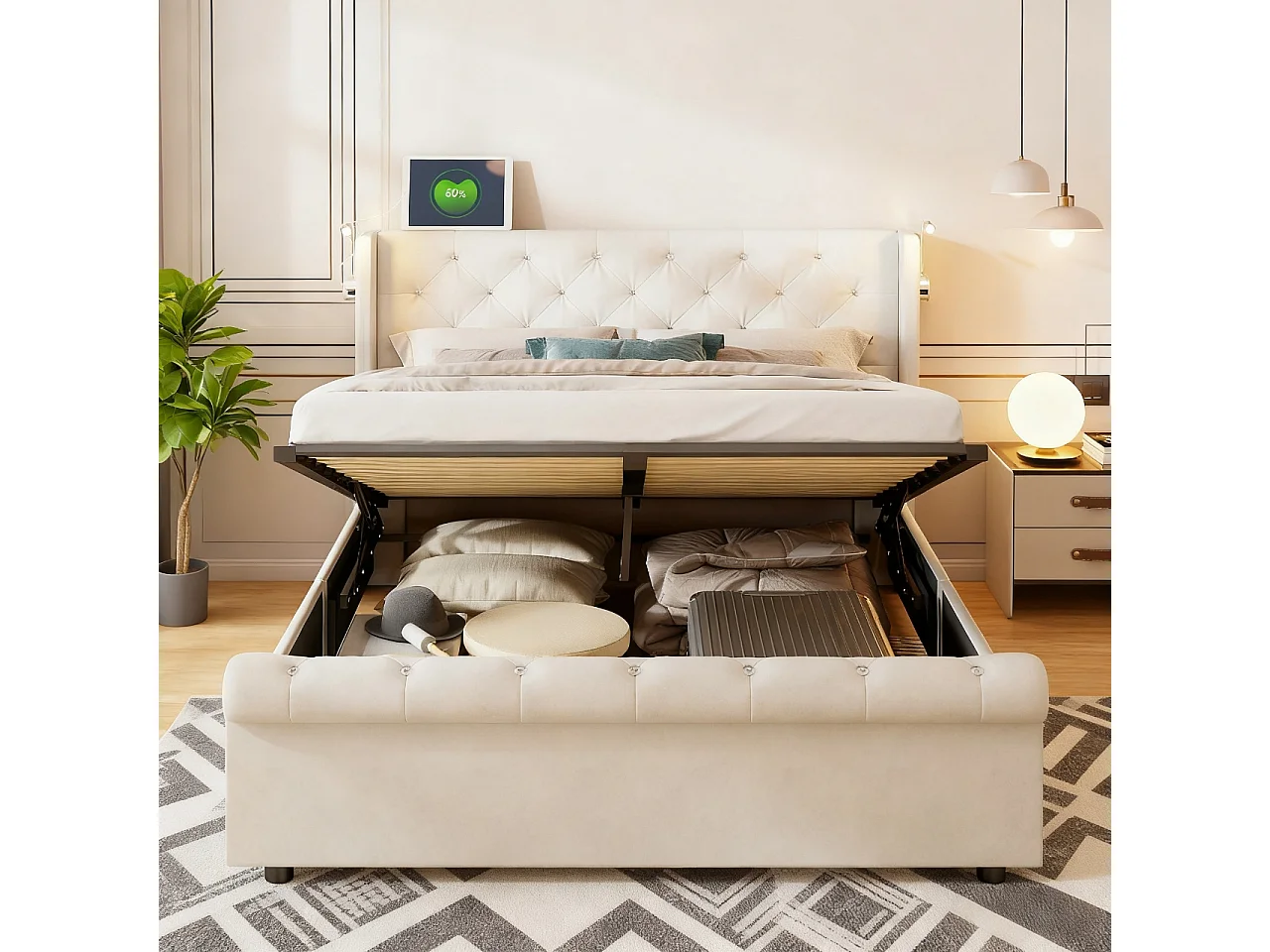 Lit 160x200 cm avec LED et USB - lit adulte 160x200 cm avec coffre - cadre de lit double 160x200 cm avec sommier à lattes - tissu en velours - beige