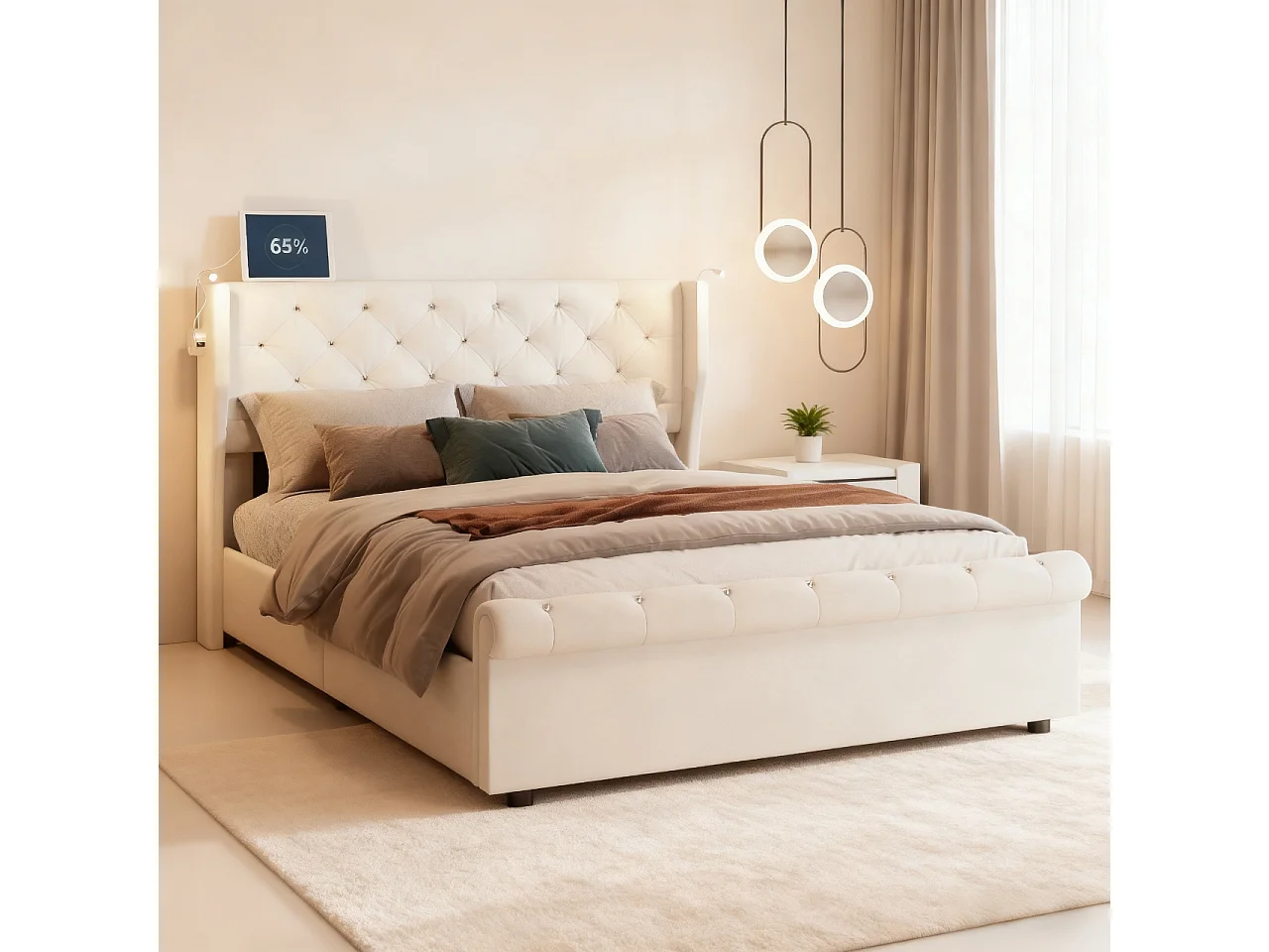 Lit 160x200 cm avec LED et USB - lit adulte 160x200 cm avec coffre - cadre de lit double 160x200 cm avec sommier à lattes - tissu en velours - beige