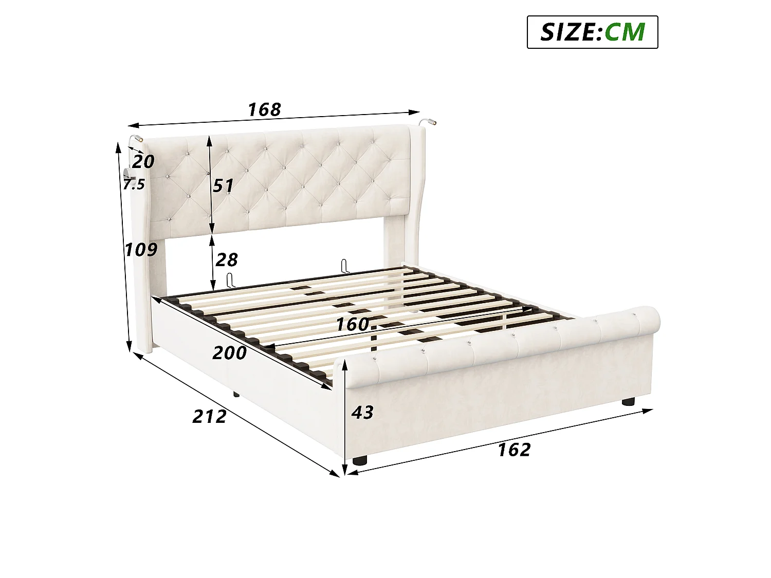 Lit coffre 160x200 cm avec sommier à lattes, lit adulte en velours beige avec LED et USB, cadre de lit double avec rangement intégré, sans matelas
