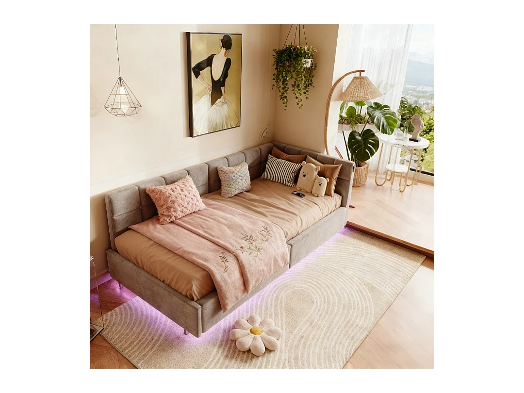 Lit coffre 90x200 cm avec sommier à lattes - lit 1 place 90x200 cm avec LDE et USB - cadre de lit 90x200 cm - canapé lit 90x200 - tissu en Velours - gris