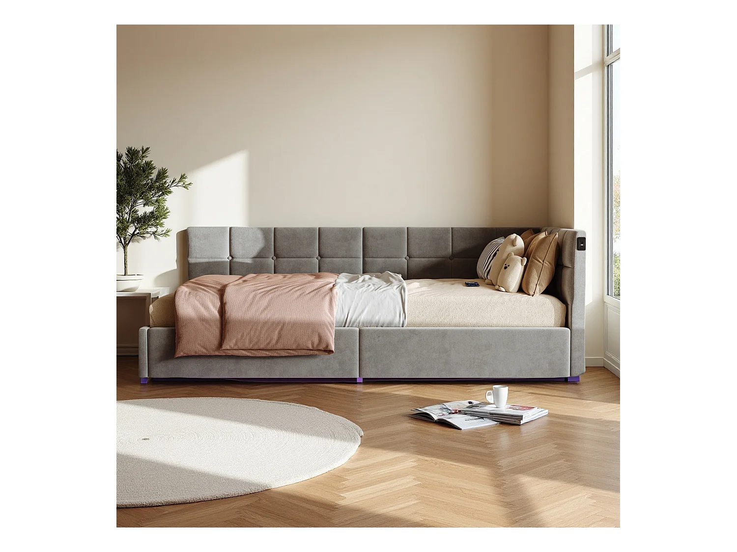 Lit coffre 90x200 cm avec sommier à lattes - lit 1 place 90x200 cm avec LDE et USB - cadre de lit 90x200 cm - canapé lit 90x200 - tissu en Velours - gris