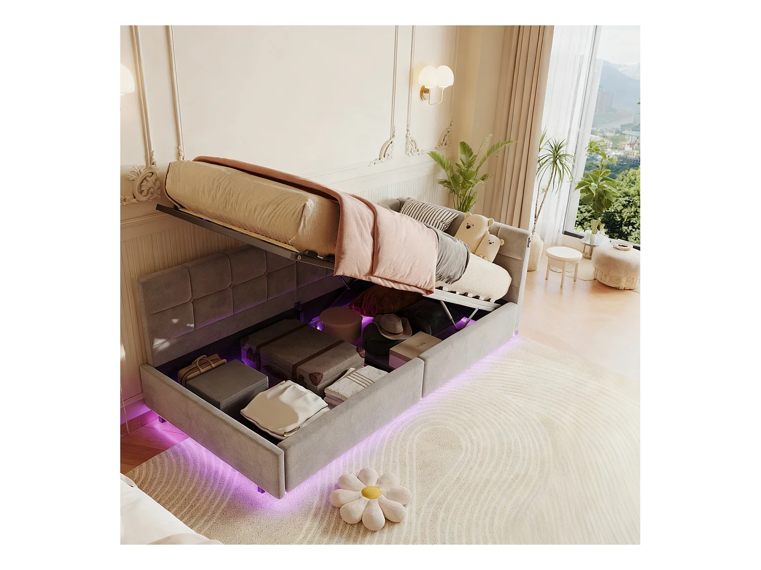 Lit coffre 90x200 cm avec sommier à lattes - lit 1 place 90x200 cm avec LDE et USB - cadre de lit 90x200 cm - canapé lit 90x200 - tissu en Velours - gris