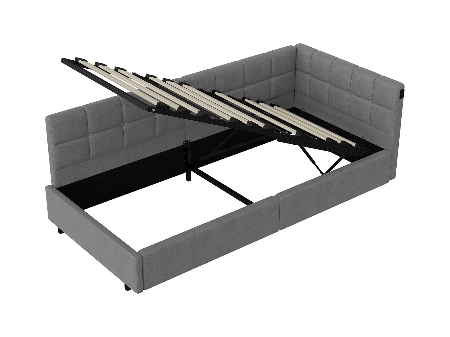 Lit coffre 90x200 cm avec sommier à lattes - lit 1 place 90x200 cm avec LDE et USB - cadre de lit 90x200 cm - canapé lit 90x200 - tissu en Velours - gris