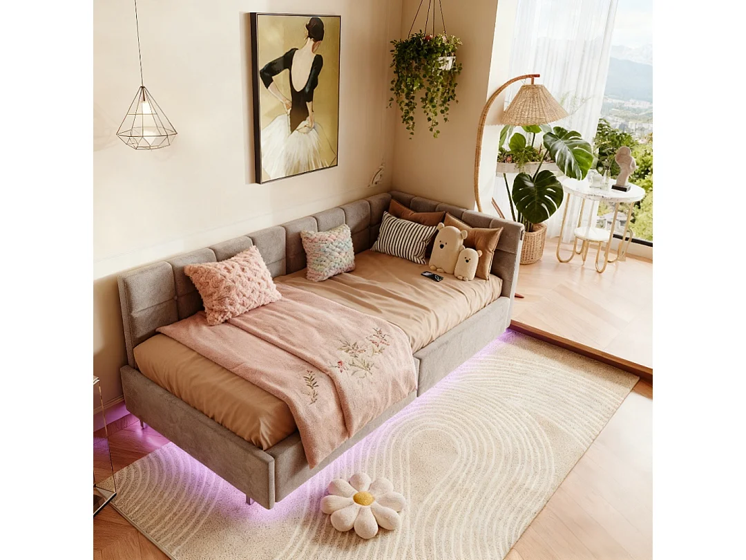 Lit coffre 90x200 cm avec sommier à lattes - avec LED et USB -Canapé-lit rembourré 90x200 cm - lit d'appoint enfant 90x200 - tissu en Velours - gris