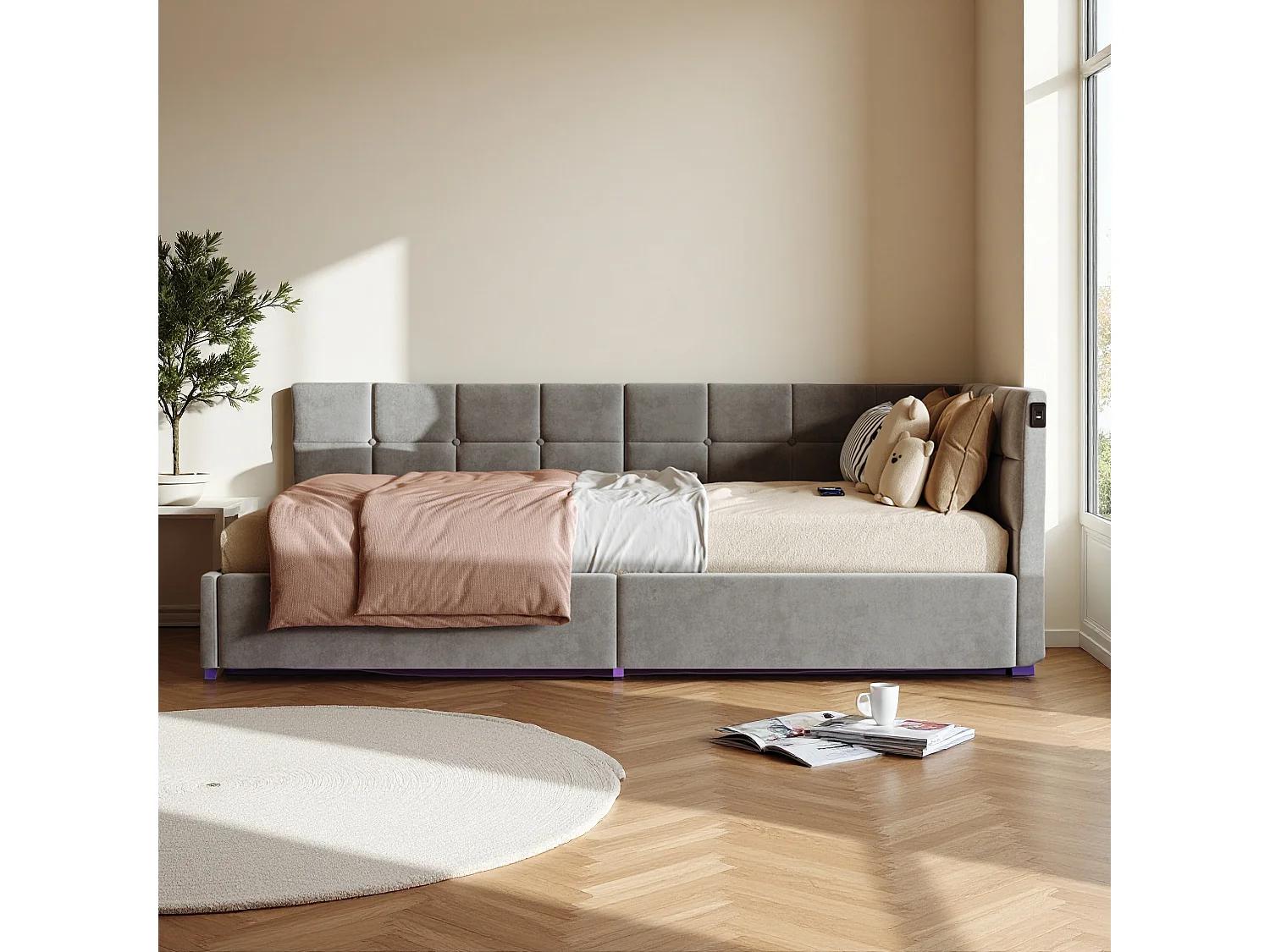 Lit coffre 90x200 cm avec sommier à lattes - avec LED et USB -Canapé-lit rembourré 90x200 cm - lit d'appoint enfant 90x200 - tissu en Velours - gris