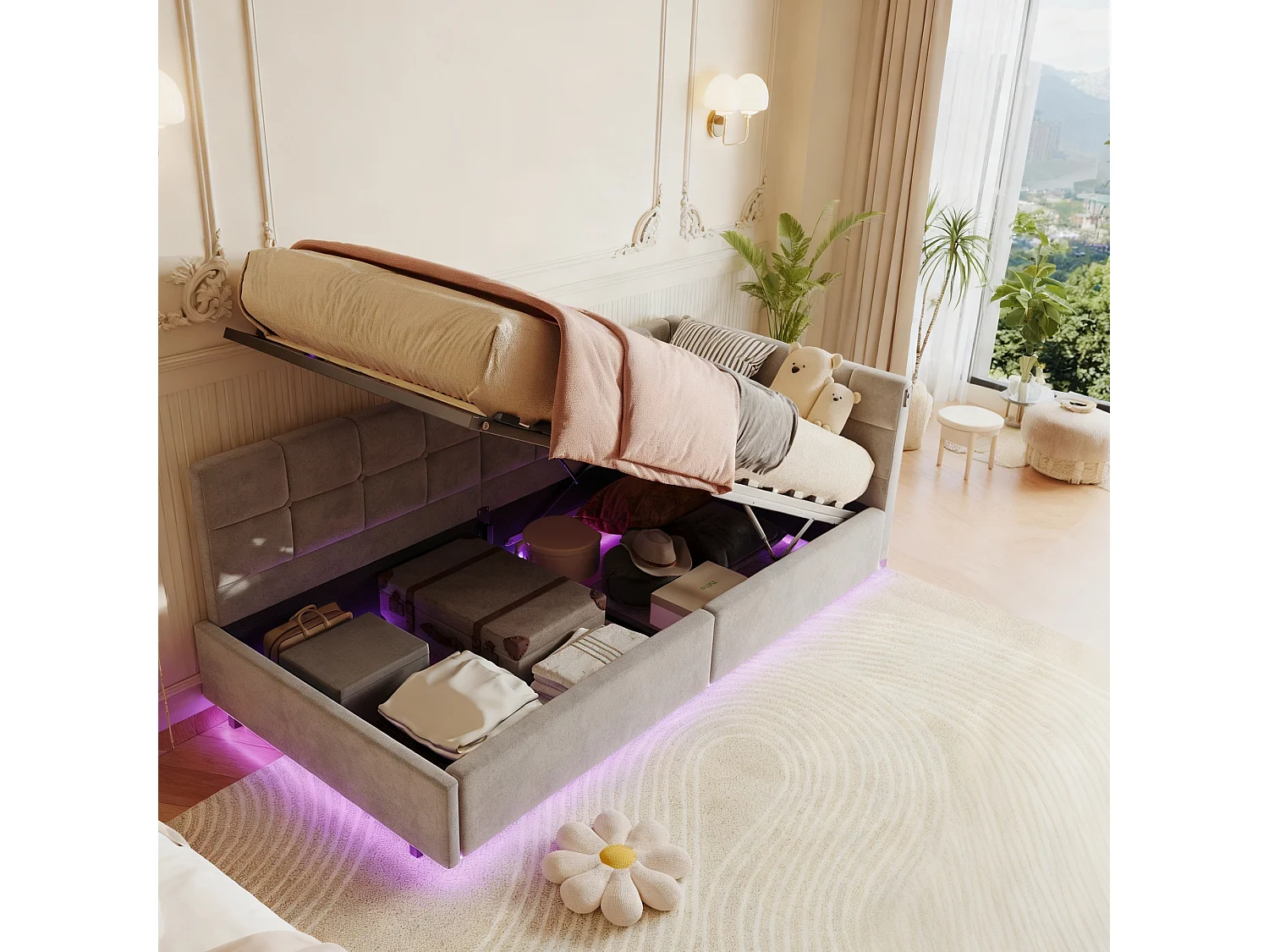 Lit coffre 90x200 cm avec sommier à lattes - avec LED et USB -Canapé-lit rembourré 90x200 cm - lit d'appoint enfant 90x200 - tissu en Velours - gris
