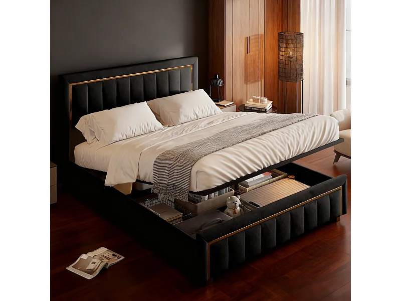 Lit adulte 160x200 cm avec sommier à lattes  - Lit double 160x200 coffre rangement soldes - cadre de lit 160x200 cm - tissu en velours - noir