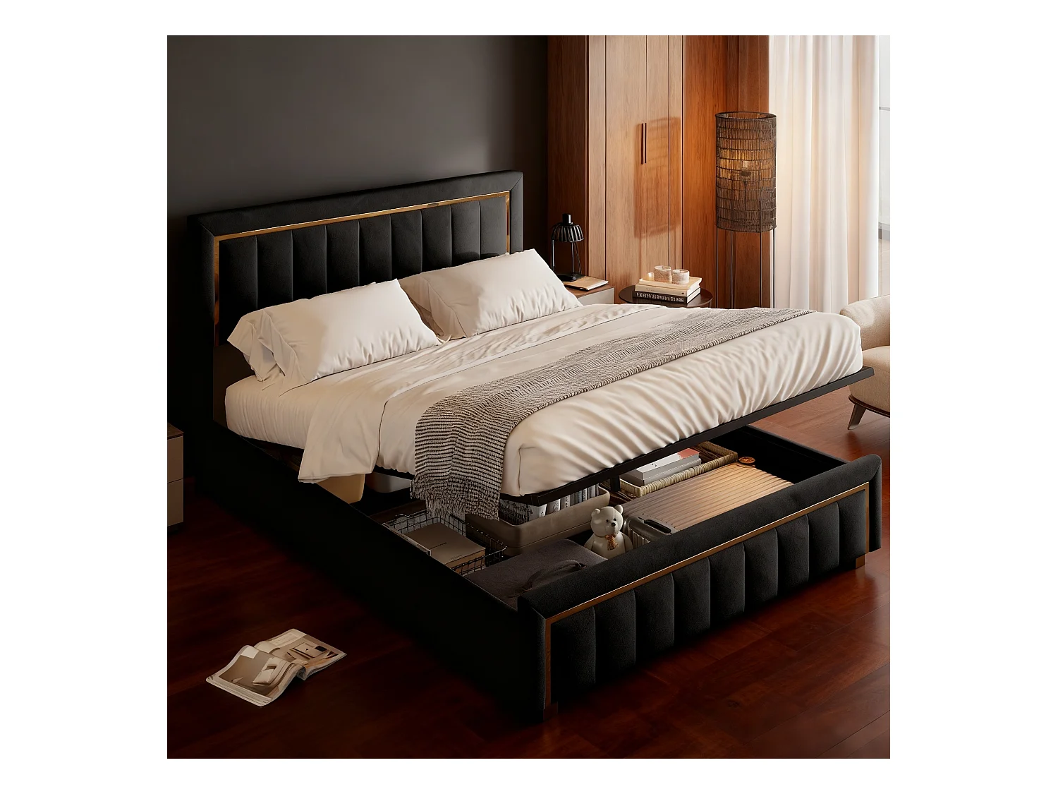Lit adulte 160x200 cm avec sommier à lattes  - Lit double 160x200 coffre rangement soldes - cadre de lit 160x200 cm - tissu en velours - noir