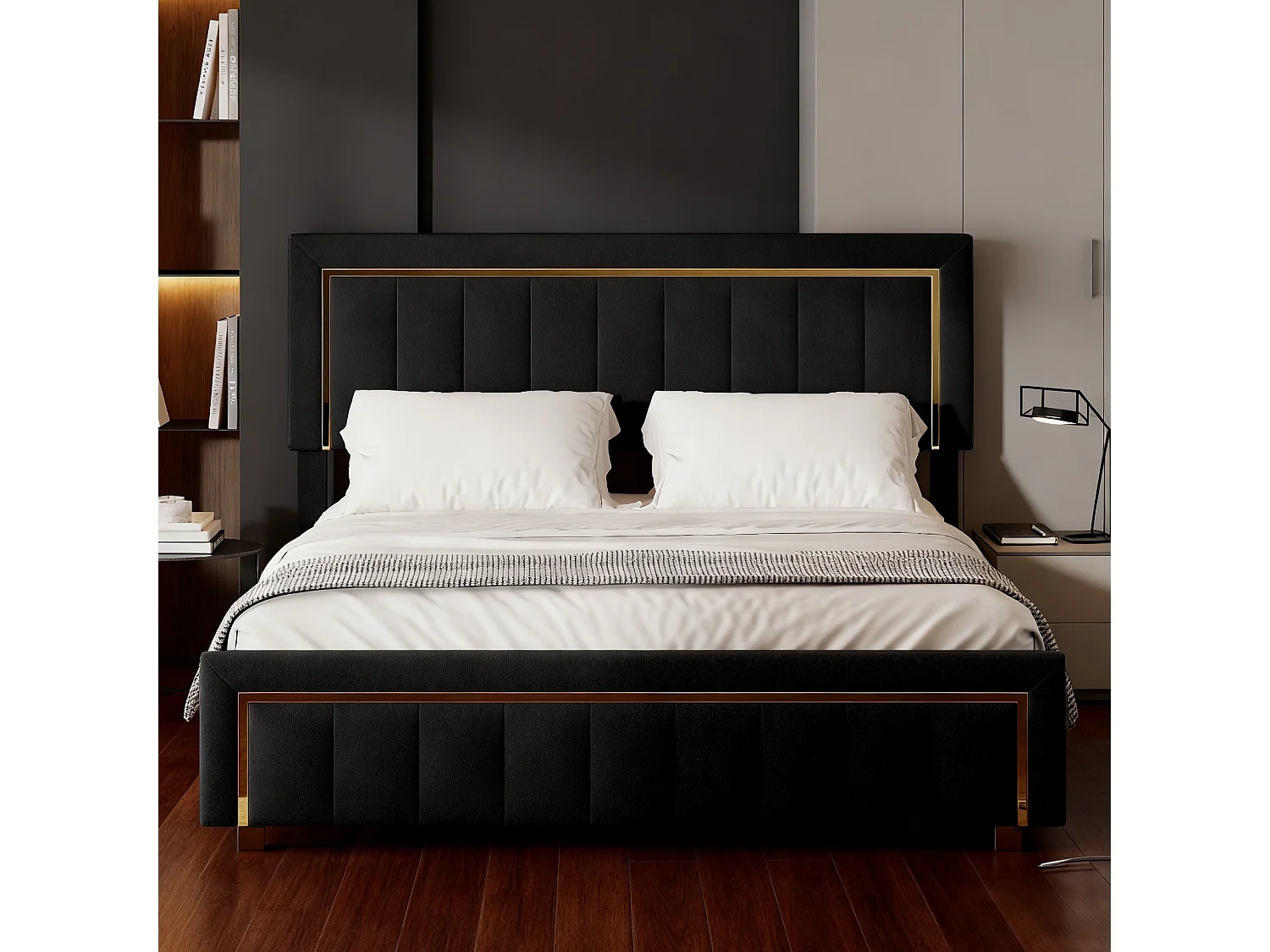 Lit adulte 160x200 cm avec sommier à lattes  - Lit double 160x200 coffre rangement soldes - cadre de lit 160x200 cm - tissu en velours - noir