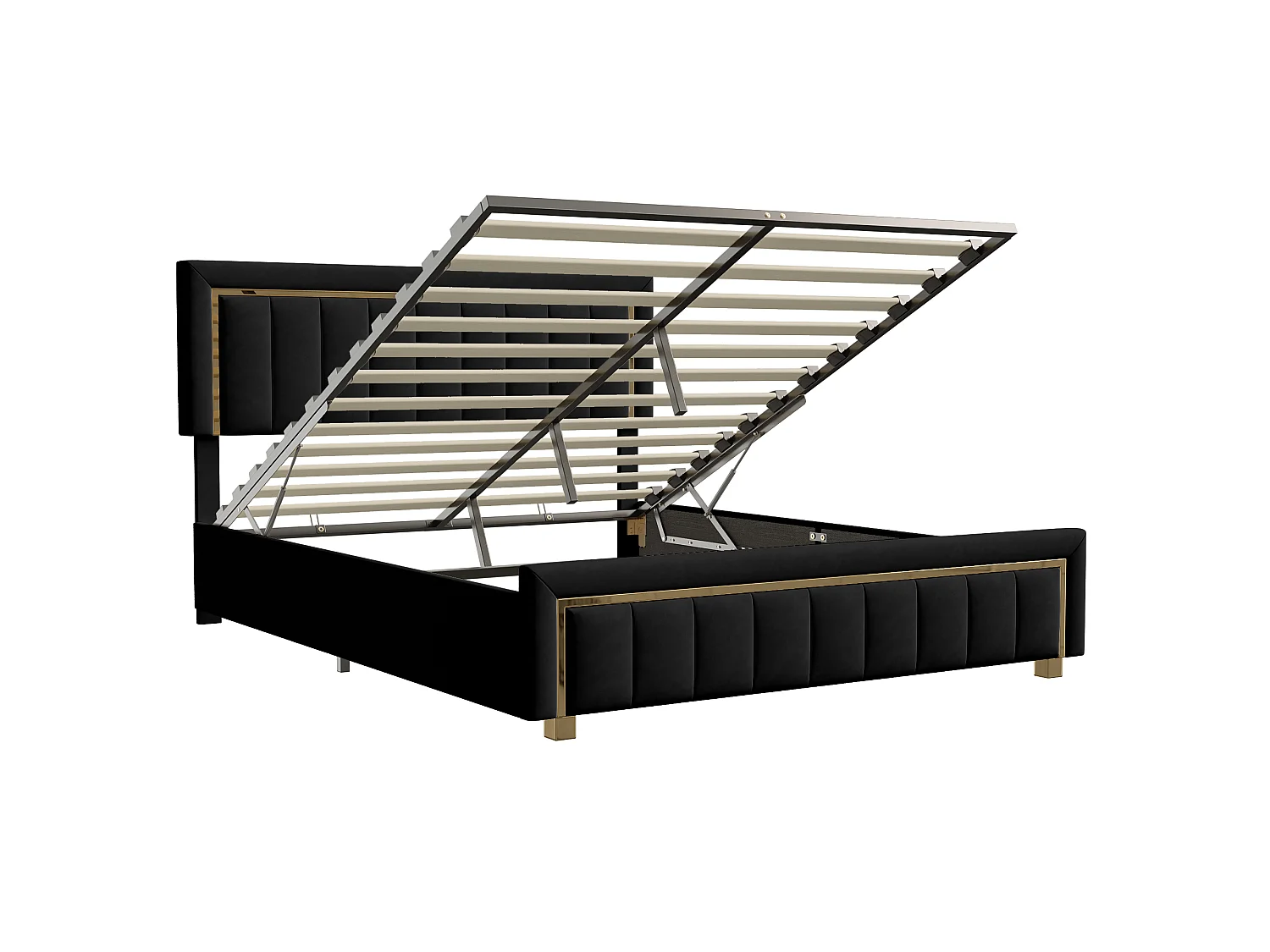 Lit coffre adulte 160x200 cm avec sommier à lattes, rangement intégré, velours noir