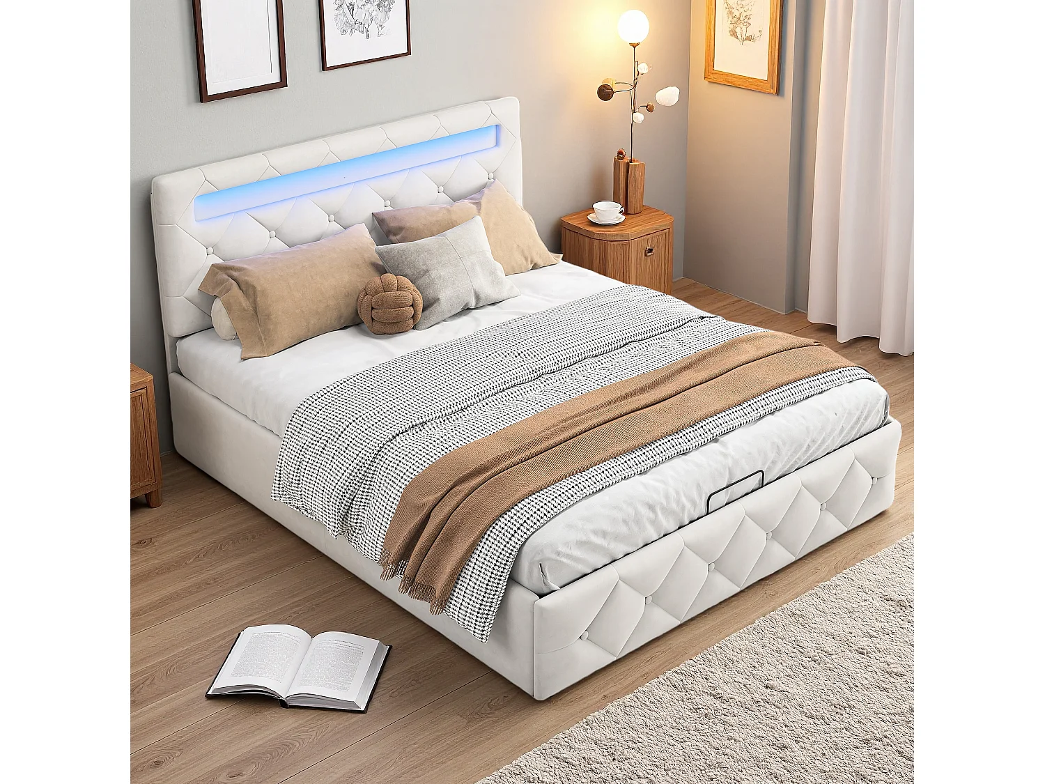 Lit 160x200 cm avec LED et USB - lit adulte 160x200 cm avec coffre - cadre de lit double 160x200 cm avec sommier à lattes - tissu en velours - blanc cassé