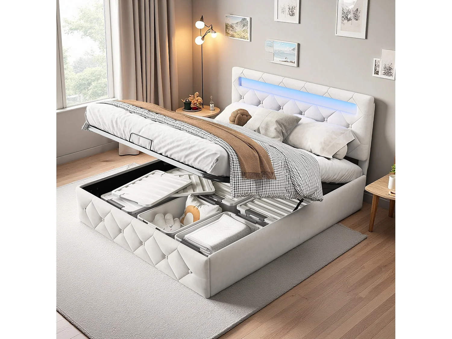 Lit 160x200 cm avec LED et USB - lit adulte 160x200 cm avec coffre - cadre de lit double 160x200 cm avec sommier à lattes - tissu en velours - blanc cassé