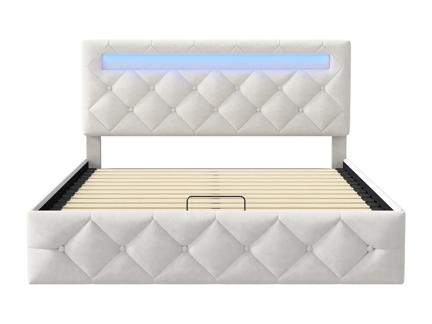 Lit 160x200 cm avec LED et USB - lit adulte 160x200 cm avec coffre - cadre de lit double 160x200 cm avec sommier à lattes - tissu en velours - blanc cassé