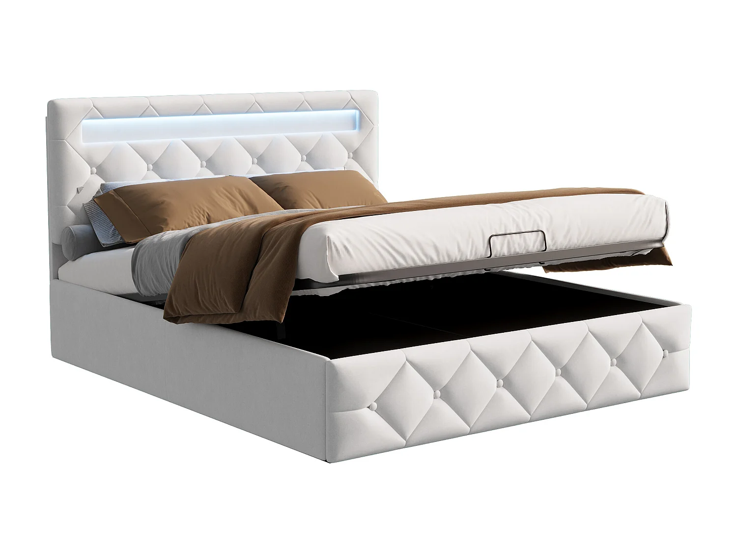 Lit 160x200 cm avec LED et USB - lit adulte 160x200 cm avec coffre - cadre de lit double 160x200 cm avec sommier à lattes - tissu en velours - blanc cassé