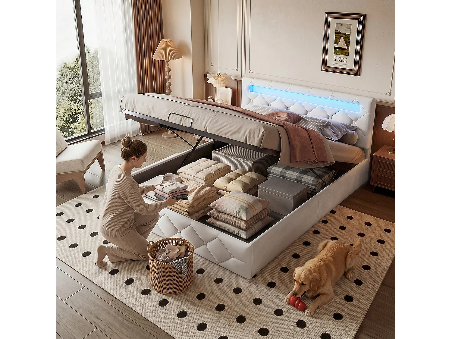Lit coffre 160x200 cm avec sommier à lattes, tête de lit réglable, LED et USB, velours capitonné blanc cassé