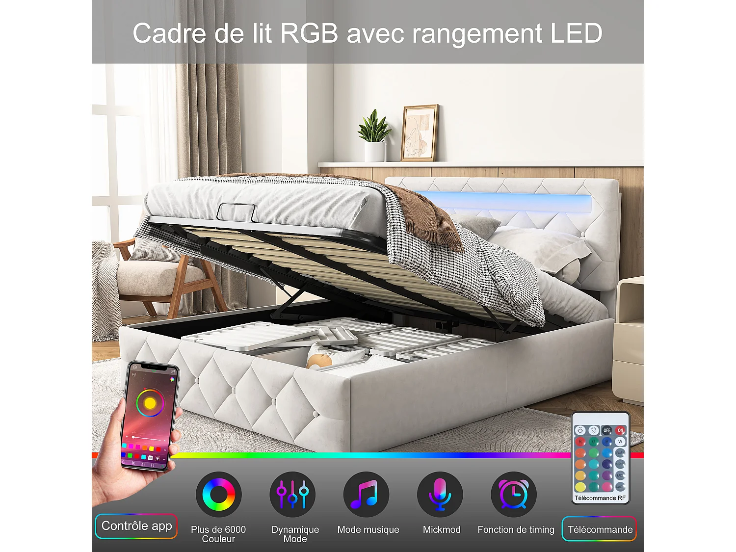 Lit coffre 160x200 cm avec sommier à lattes, tête de lit réglable, LED et USB, velours capitonné blanc cassé