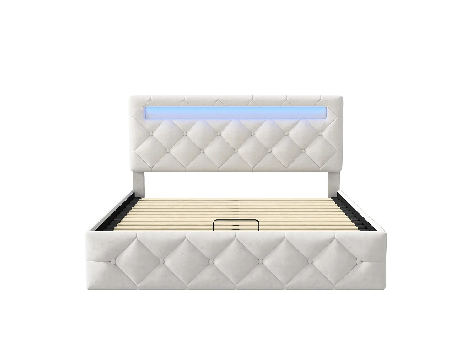 Lit coffre 160x200 cm avec sommier à lattes, tête de lit réglable, LED et USB, velours capitonné blanc cassé