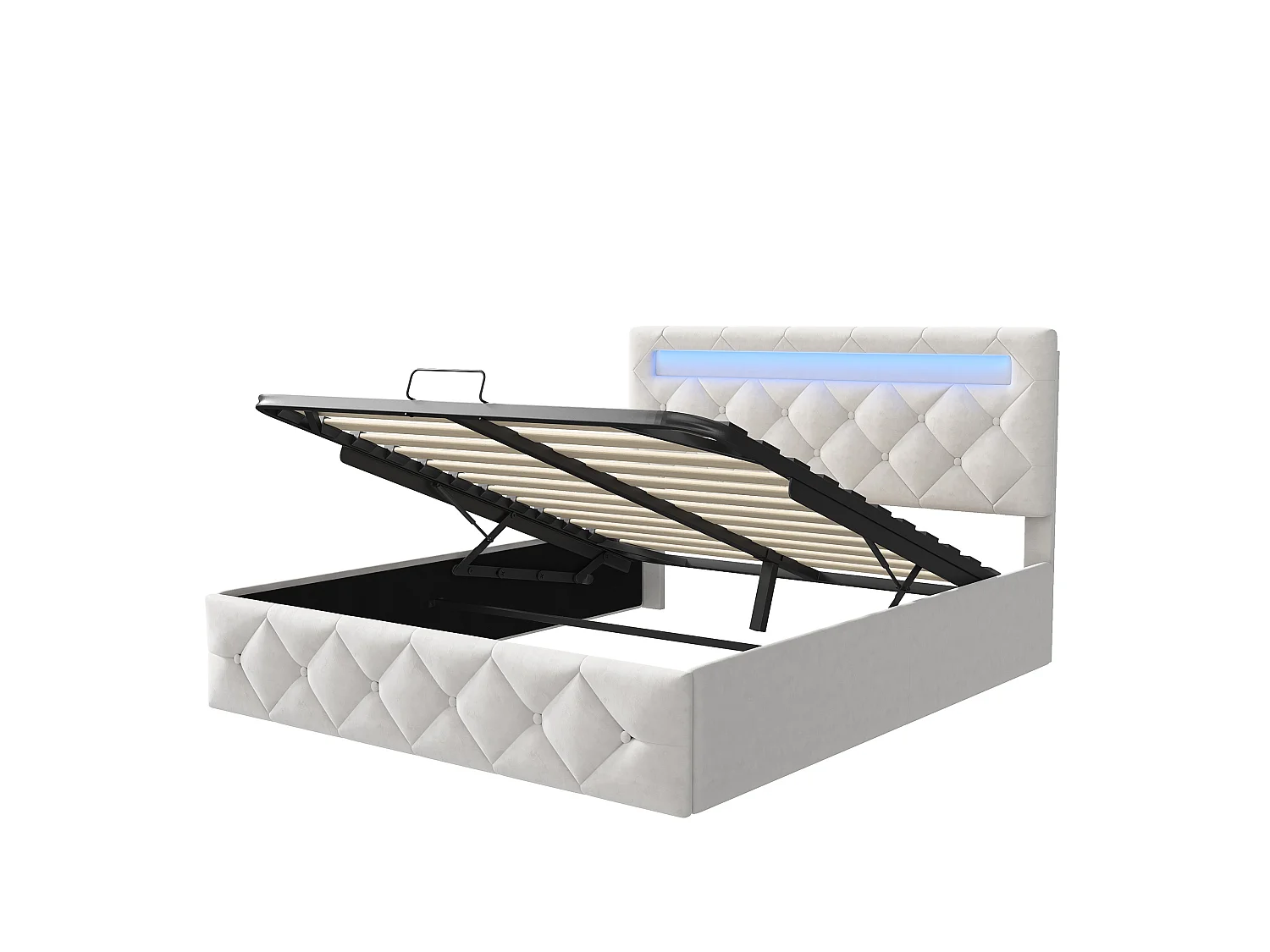 Lit coffre 160x200 cm avec sommier à lattes, tête de lit réglable, LED et USB, velours capitonné blanc cassé