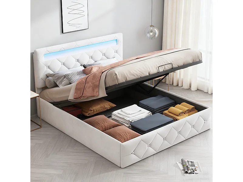 Lit coffre 160x200 cm capitonné en tissu velours, LED et USB, lit adulte avec sommier à lattes,tête de lit réglable,blanc cassé