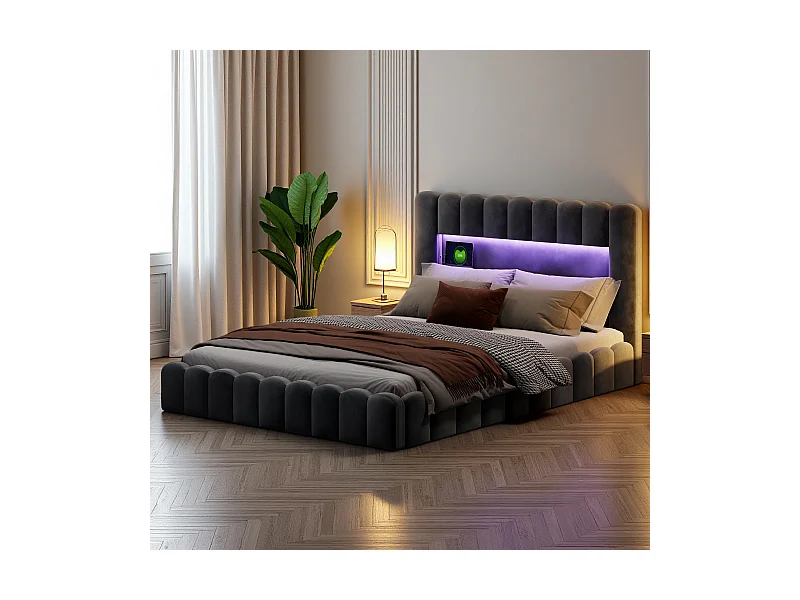 Lit coffre 180x200 cm avec sommier à lattes -  lit adulte 180x200 cm - cadre de lit double 180x200 cm avec LED et USB - tissu en velours - gris