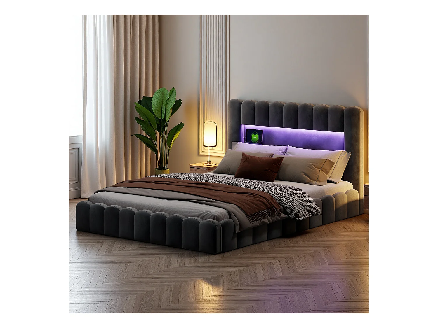 Lit coffre 180x200 cm avec sommier à lattes -  lit adulte 180x200 cm - cadre de lit double 180x200 cm avec LED et USB - tissu en velours - gris