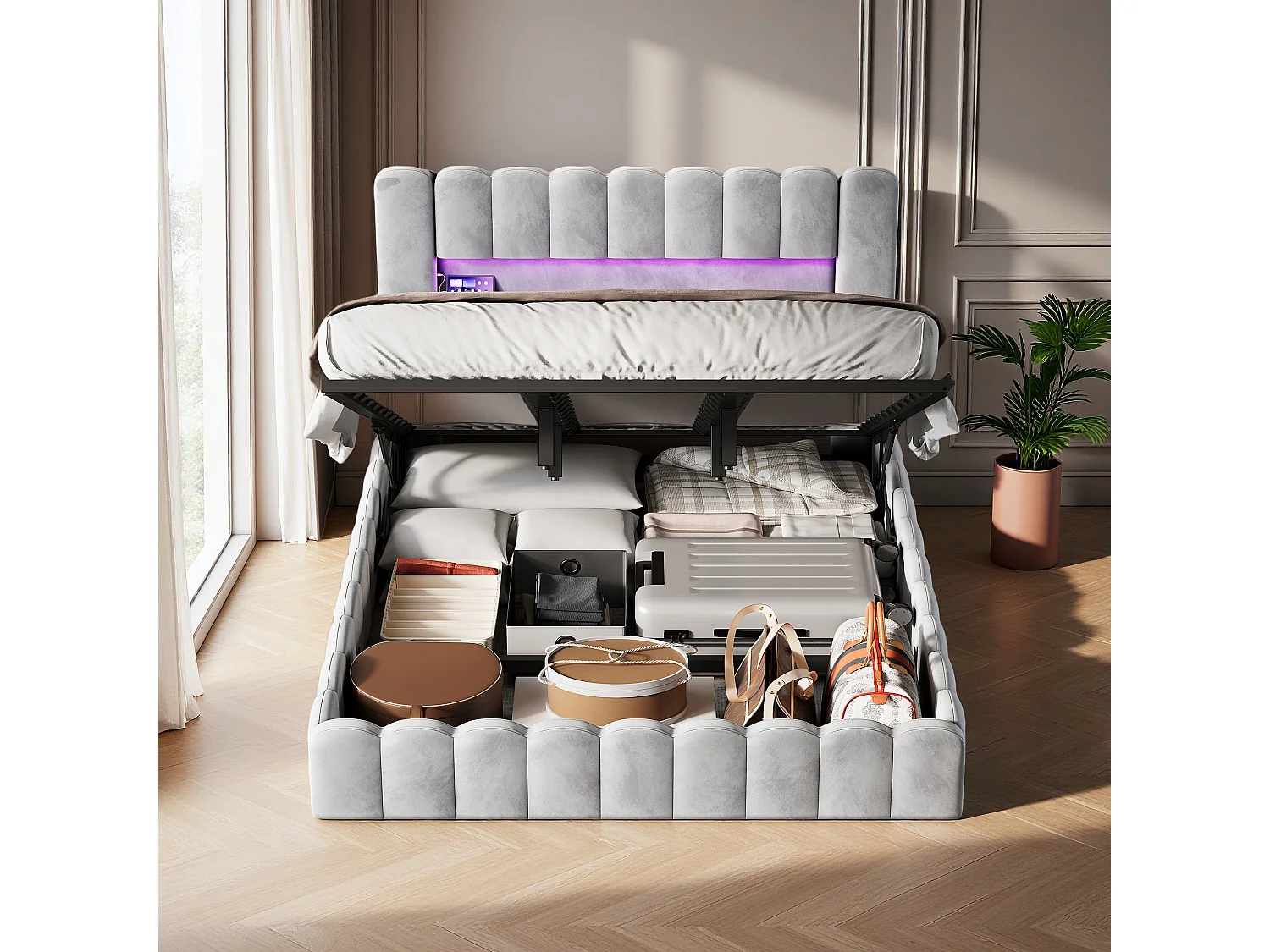 Lit coffre 180x200 cm avec sommier à lattes -  lit adulte 180x200 cm - cadre de lit double 180x200 cm avec LED et USB - tissu en velours - gris