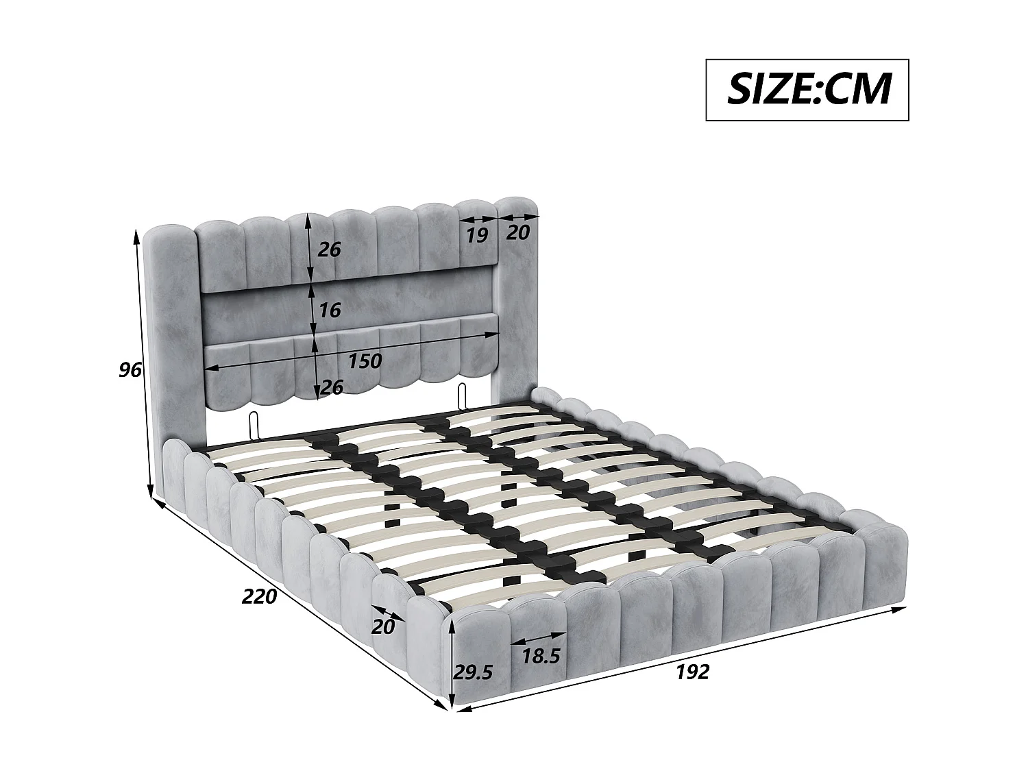 Lit coffre 180x200 cm avec sommier à lattes -  lit adulte 180x200 cm - cadre de lit double 180x200 cm avec LED et USB - tissu en velours - gris