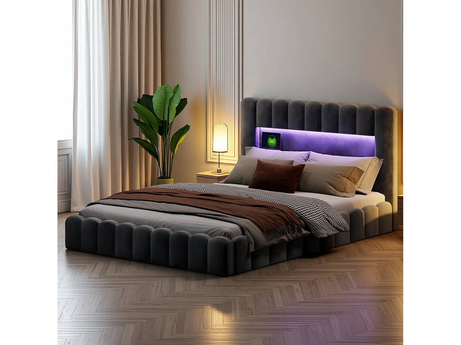 Lit coffre 180x200 cm avec sommier à lattes -  lit adulte 180x200 cm - cadre de lit double 180x200 cm avec LED et USB - tissu en velours - gris