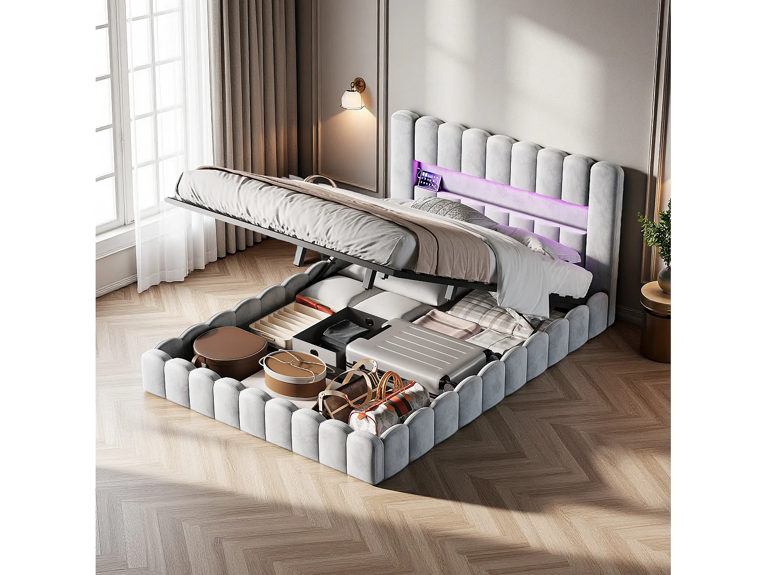 Lit coffre 180x200 cm avec sommier à lattes -  lit adulte 180x200 cm - cadre de lit double 180x200 cm avec LED et USB - tissu en velours - gris