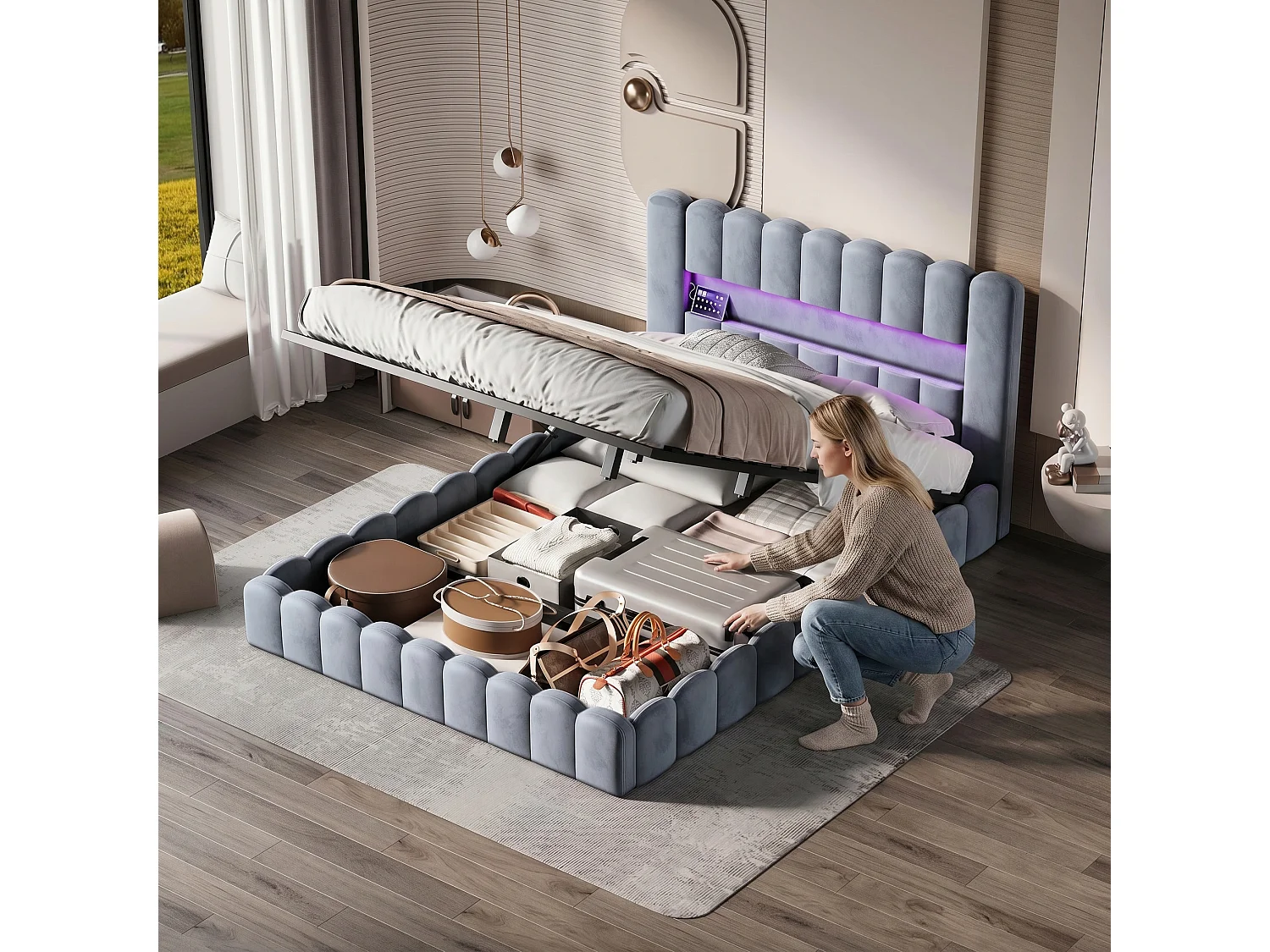 Lit coffre 180 x 200 cm - Lit double adulte avec sommier à lattes, LED et port USB - tissu velours gris