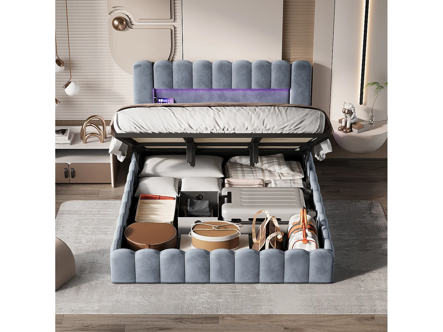 Lit coffre 180 x 200 cm - Lit double adulte avec sommier à lattes, LED et port USB - tissu velours gris