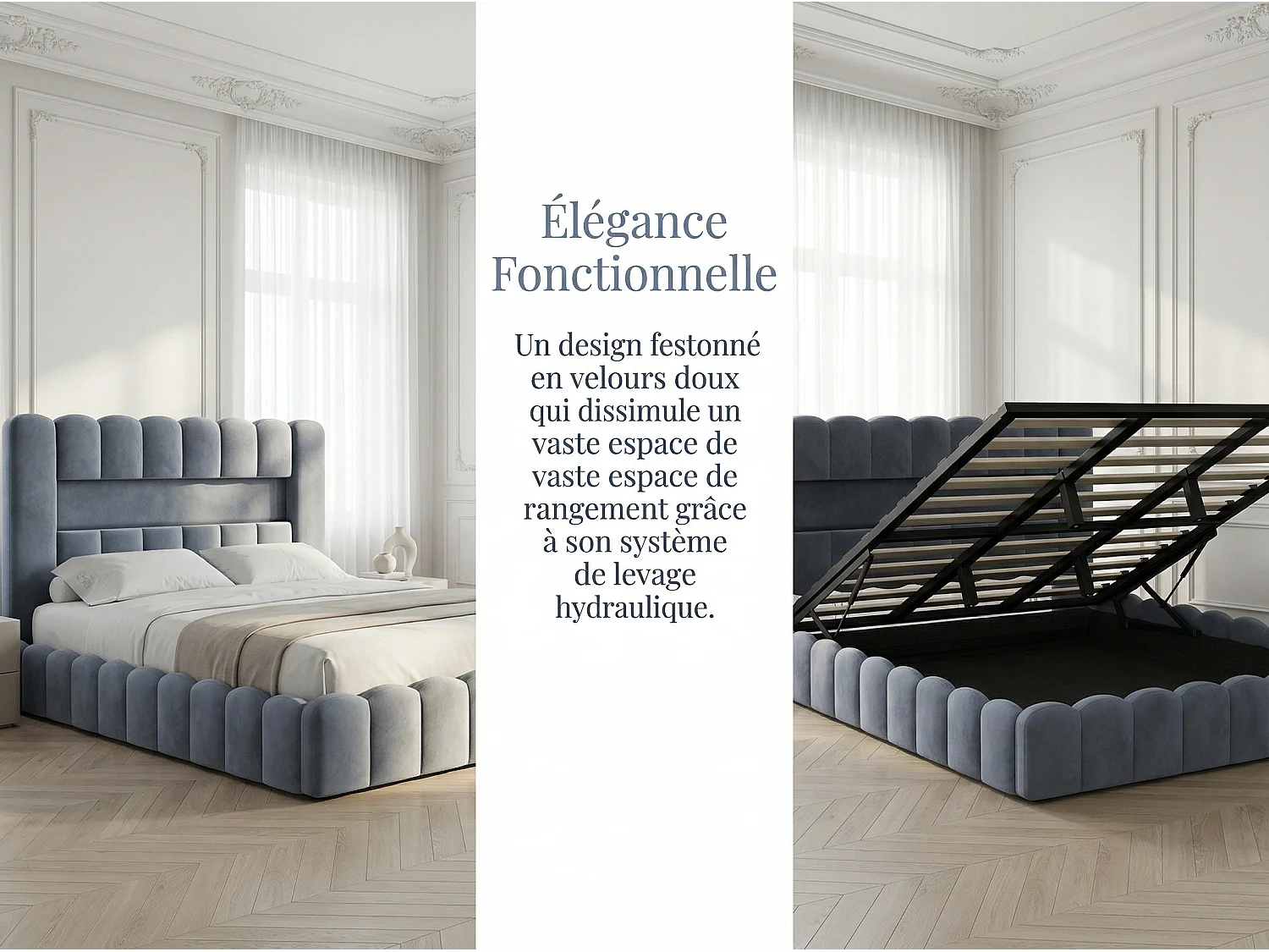 Lit coffre 180 x 200 cm - Lit double adulte avec sommier à lattes, LED et port USB - tissu velours gris