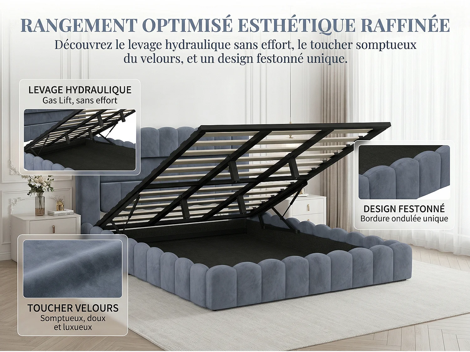 Lit coffre 180 x 200 cm - Lit double adulte avec sommier à lattes, LED et port USB - tissu velours gris