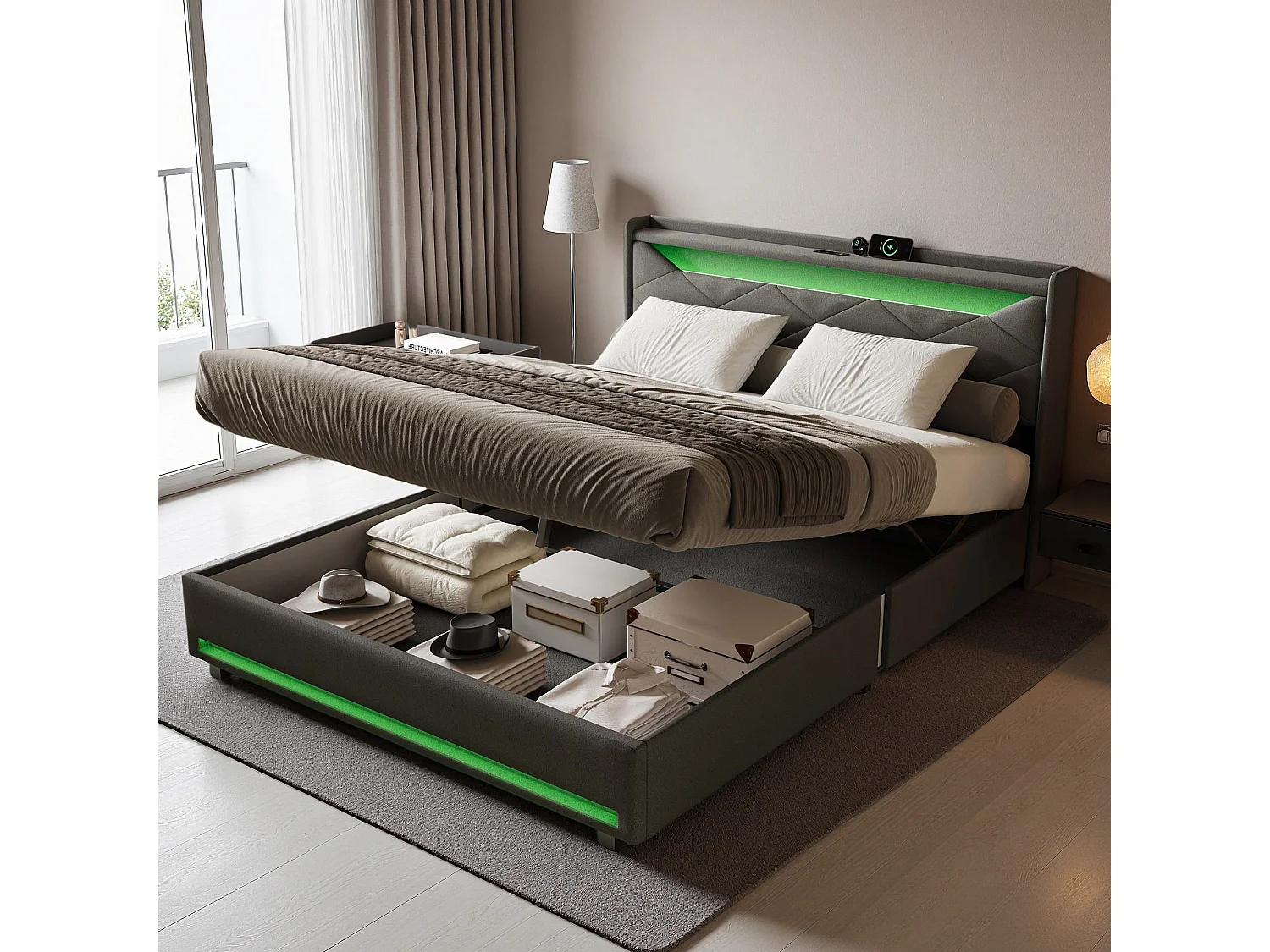 Lit 140x200 cm avec LED et USB - lit adulte 140x200 cm avec coffre - cadre de lit double 140x200 cm avec sommier à lattes - tissu en lin - gris