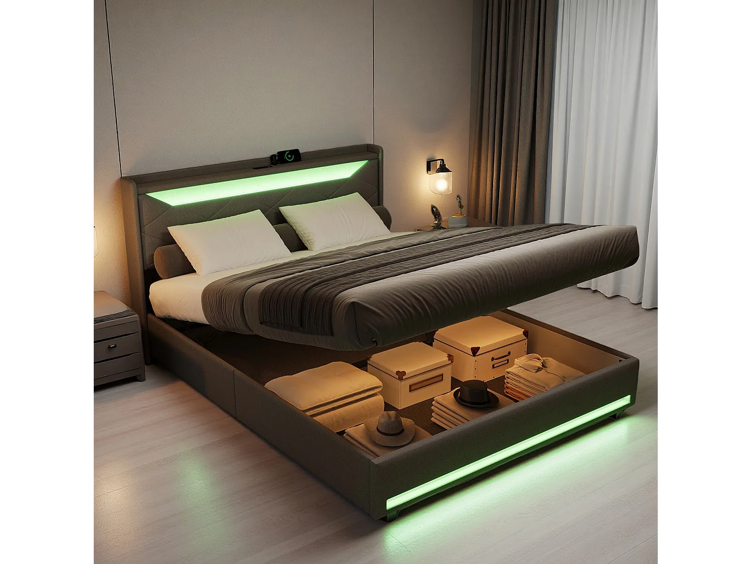 Lit 140x200 cm avec LED et USB - lit adulte 140x200 cm avec coffre - cadre de lit double 140x200 cm avec sommier à lattes - tissu en lin - gris