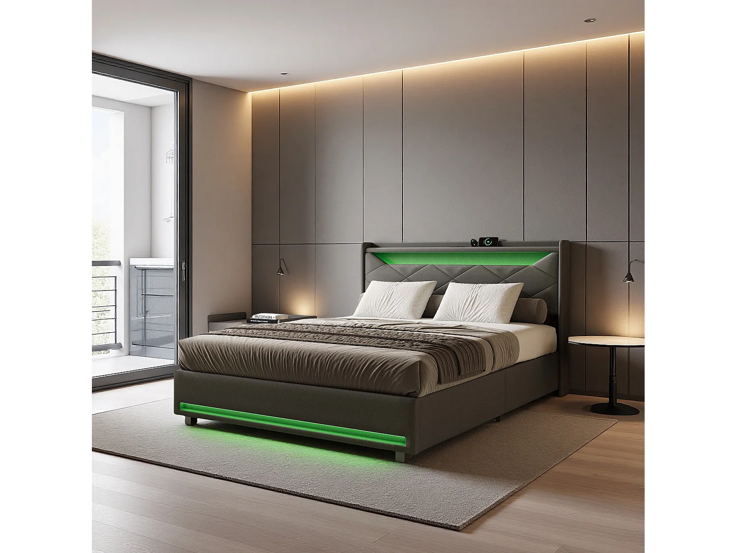 Lit 140x200 cm avec LED et USB - lit adulte 140x200 cm avec coffre - cadre de lit double 140x200 cm avec sommier à lattes - tissu en lin - gris