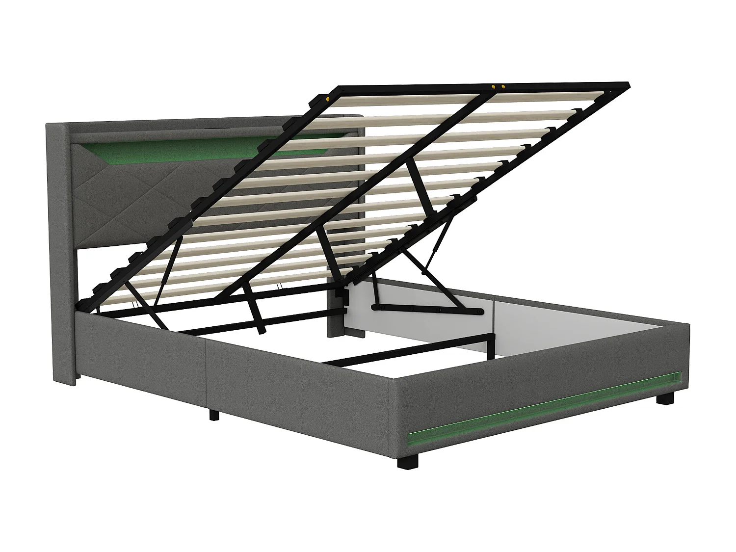 Lit 140x200 cm avec LED et USB - lit adulte 140x200 cm avec coffre - cadre de lit double 140x200 cm avec sommier à lattes - tissu en lin - gris