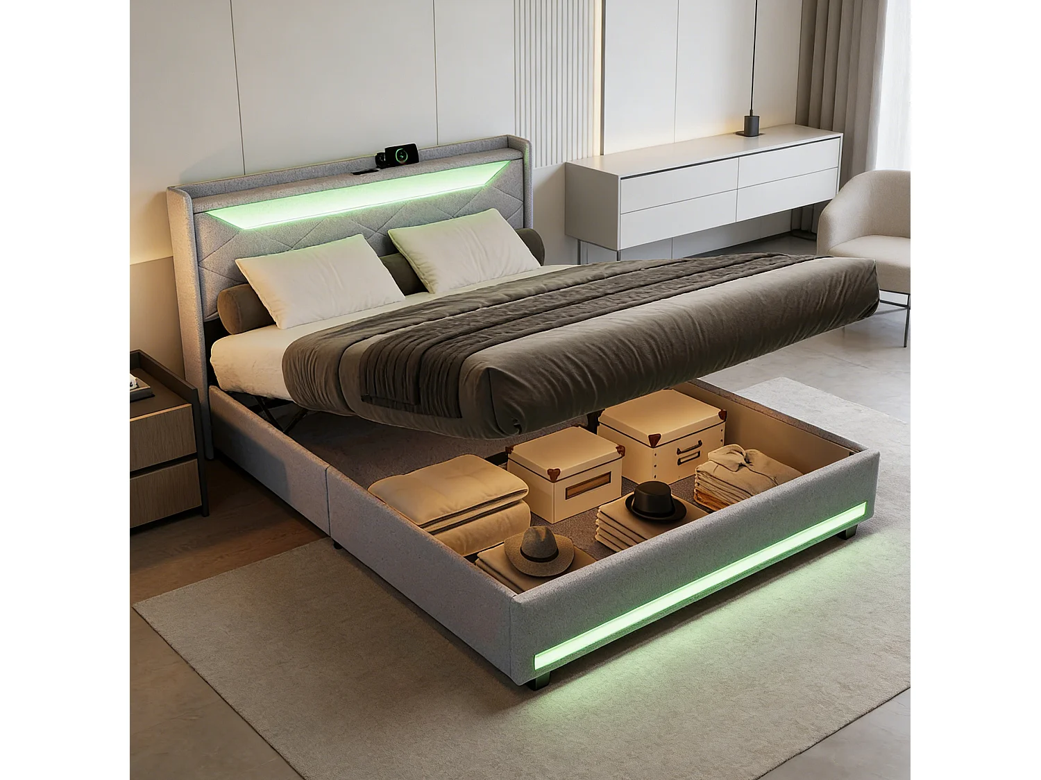 Lit 140x200 cm avec LED et USB - lit adulte 140x200 cm avec coffre - cadre de lit double 140x200 cm avec sommier à lattes - tissu en lin - gris