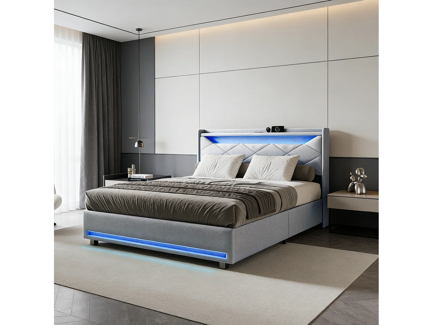 Lit 140x200 cm avec LED et USB - lit adulte 140x200 cm avec coffre - cadre de lit double 140x200 cm avec sommier à lattes - tissu en lin - gris