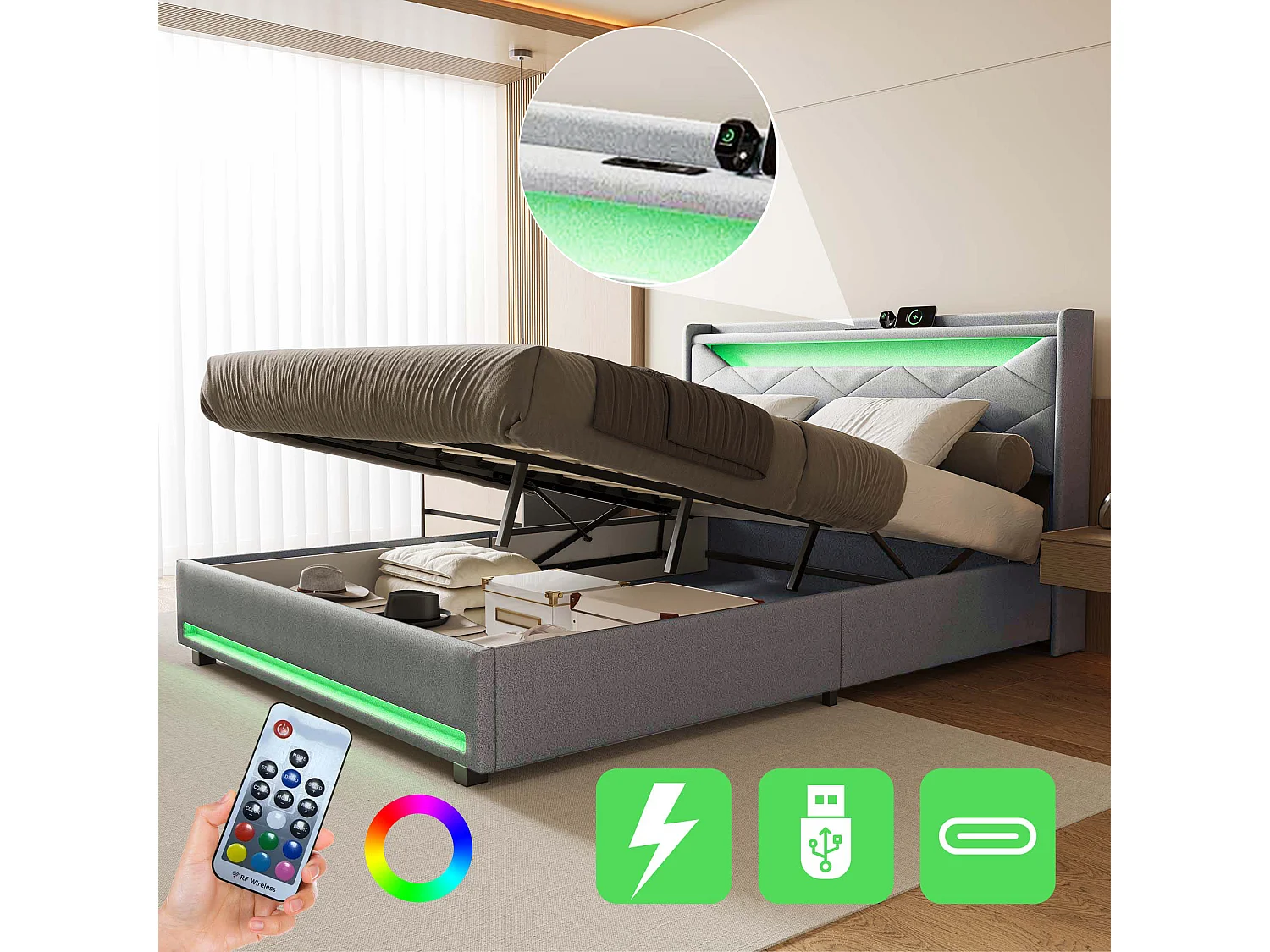 Lit 140x200 cm avec LED et USB - lit adulte 140x200 cm avec coffre - cadre de lit double 140x200 cm avec sommier à lattes - tissu en lin - gris