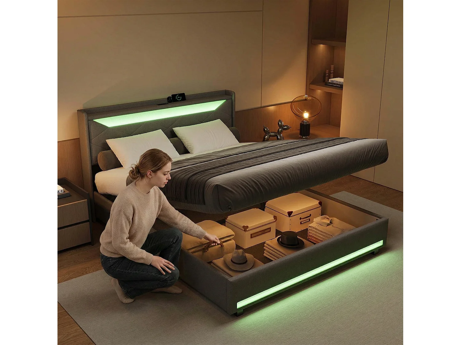 Lit coffre 140 x 200 cm - Lit double adulte avec sommier à lattes, LED et port USB - tissu effet lin gris